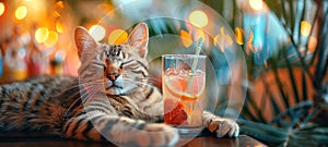 Cat beside a tropical cocktail. Young feline with a drink in a summer setting. Concept of summer relaxation, pets in