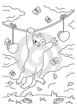 The cat is trying to reach the heart. Coloring book page for kids. Valentine`s Day. Cartoon style character. Vector illustration