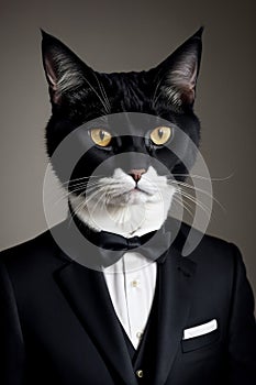 a cat in a tuxedo is looking at the camera while wearing a suit and bow tie with a black background