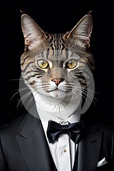 a cat in a tuxedo is looking at the camera while wearing a suit and bow tie with a black background