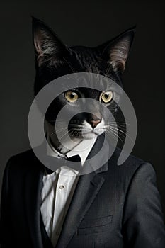 a cat in a tuxedo is looking at the camera while wearing a suit and bow tie with a black background
