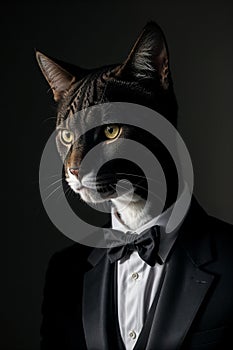 a cat in a tuxedo is looking at the camera while wearing a suit and bow tie with a black background