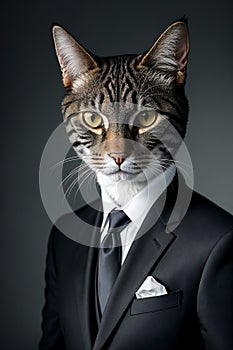 a cat in a tuxedo is looking at the camera while wearing a suit and bow tie with a black background