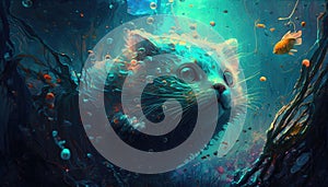 cat in uderwater illustration by generative AI
