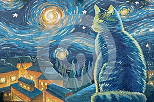 Cat Under Starry Night Sky Inspired by Artistic Painting photo