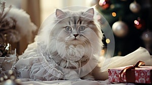 Cat under the tree next to Christmas gifts, lantern and decorations