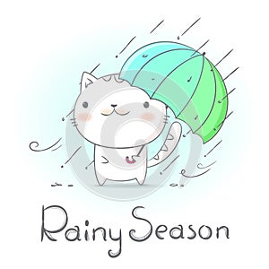 Cat under umbrella and raining in rainy season. Hand draw doodle style create by vector.