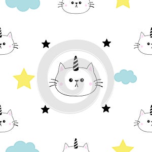 Cat unicorn horn head, hands. Cloud, star shape. Cute cartoon kawaii character. Baby pet collection. Seamless Pattern Wrapping pap