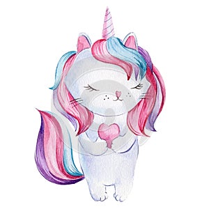 Cat unicorn on isolated white background. Watercolor drawing, children's illustration