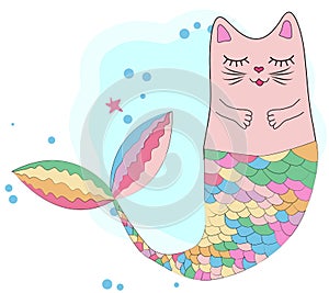 Cat unicorn with a mermaid`s tail in the colors of the rainbow