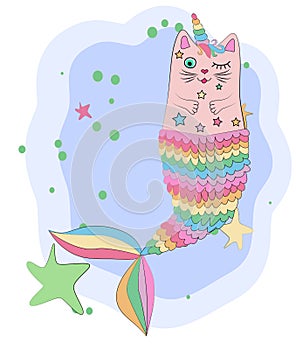Cat unicorn with a mermaid`s tail in the colors of the rainbow