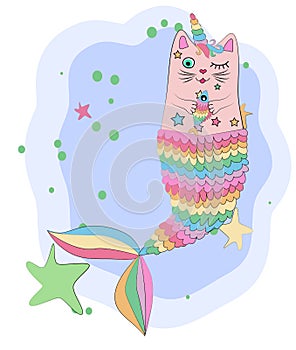 Cat unicorn with a mermaid`s tail in the colors of the rainbow