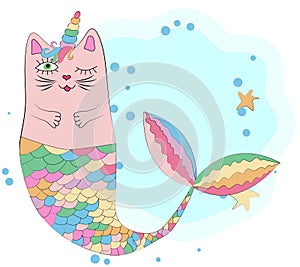 Cat unicorn with a mermaid`s tail in the colors of the rainbow