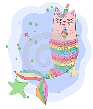 Cat unicorn with a mermaid\'s tail in the colors of the rainbow