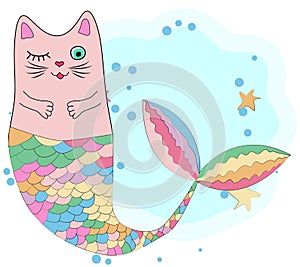 Cat unicorn with a mermaid\'s tail in the colors of the rainbow