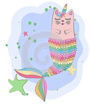 Cat unicorn with a mermaid\'s tail in the colors of the rainbow