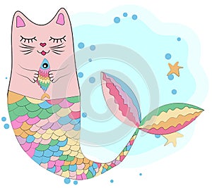 Cat unicorn with a mermaid\'s tail in the colors of the rainbow