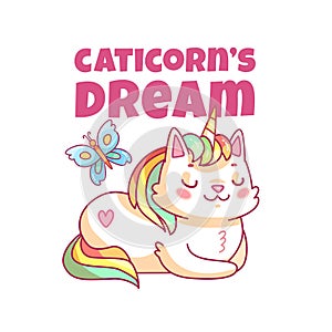 Cat unicorn poster. Cute cartoon caticorn, funny magic kitty pet. Kids girl clothes print vector