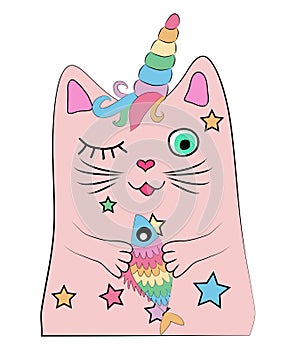 Cat unicorn with a rainbow fish in its paws, print