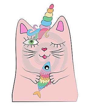 Cat unicorn with a rainbow fish in its paws, print, design