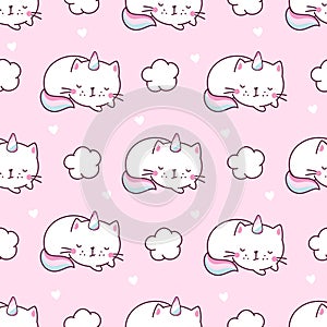 Cat unicorn seamless pattern. Unicorns kitty pastel characters, textile print with cute caticorns. Funny cartoon animals