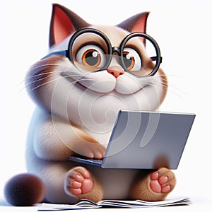 Cat use laptop funny white background
