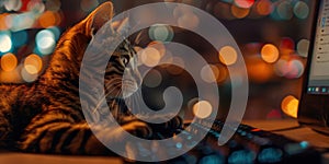 Cat Using Computer at Night