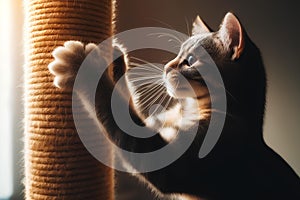 a cat using a scratching post, side view