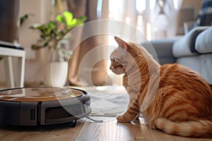 Cat and vacuum cleaner robot. The concept of easy daily cleaning of the house where pets live