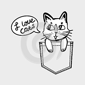 Cat vector in black and white colors  sitting in pocket
