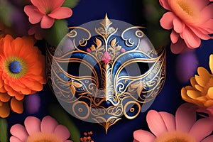 Cat Venetian carnival mask whit flowers around and Blue background. generative ai