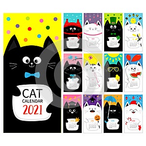 Cat vertical monthly calendar 2021 cover. All month. Cute cartoon character set. Happy Valentines St Patrick day Christmas Easter