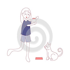 Cat Waiting for Girl Feeding Food in Meal Time. Vector Illustration. isolated on White Background.