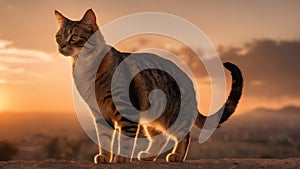 A cat walking against the background of the sunset and looking straight ahead. Homeless or domestic.