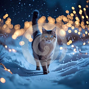 Cat is walking in the snow