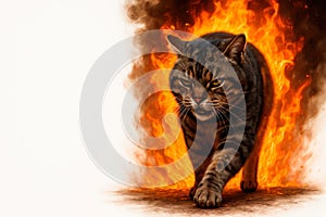 The cat walks through the fire with a determined look. Space for text.