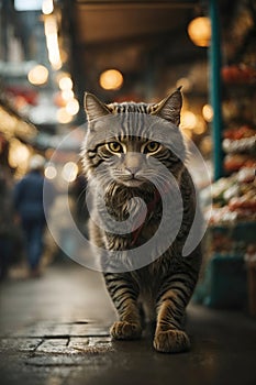 A cat walks in a street market. Tabby cat looks at the camera. The cat is on the move