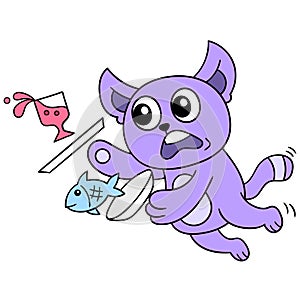 The cat was carrying food and drink slipped down, doodle icon image kawaii