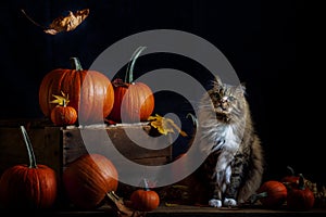 Cat Watching Autumn Leaf Falling