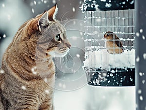 Cat watching bird in cage