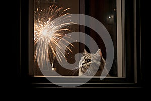 Cat watching fireworks through window.