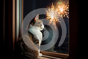 Cat watching fireworks through window. Generative AI