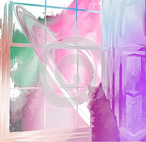 Cat watching outerspace through  window watercolour