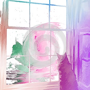 Cat watching outerspace through  window watercolour