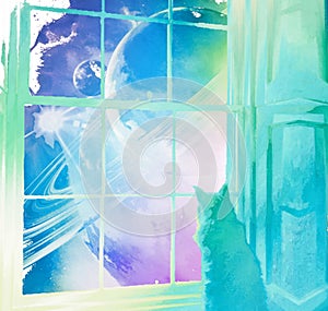 Cat watching outerspace window watercolour photo