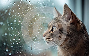 Cat watching the rain from a window
