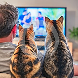 Cat watching TV screen with owner