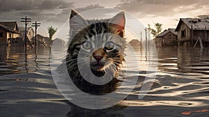 A cat in the water, against the backdrop of a flooded street with houses. Generative AI.