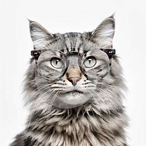 Cat wear glasses isolation on white backgrouds,