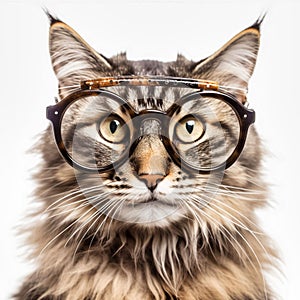 Cat wear glasses isolation on white backgrouds, Generative AI